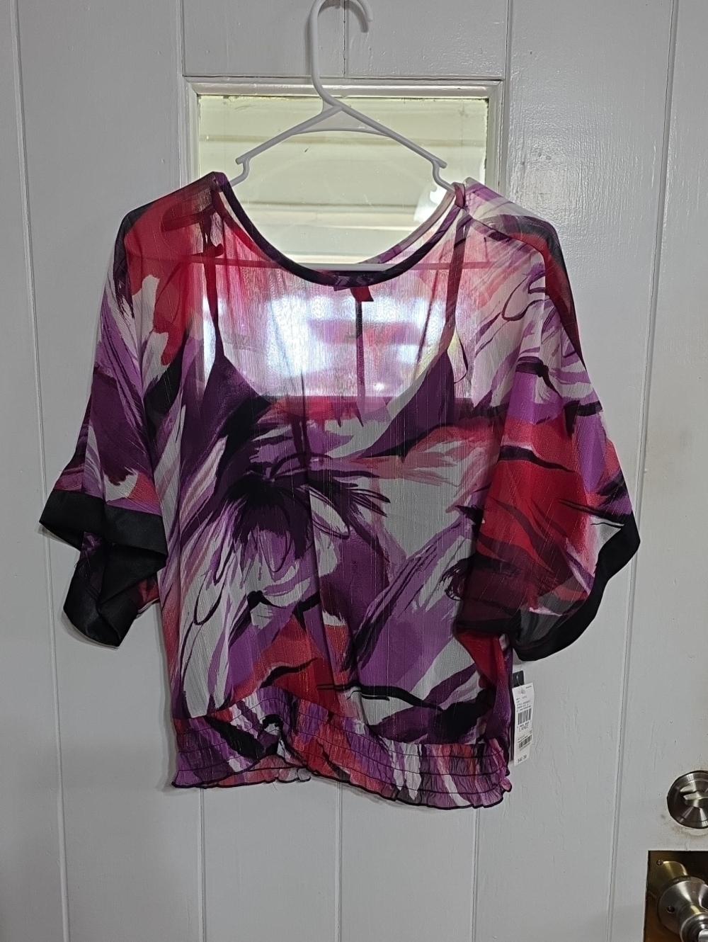 NWT BCX Women's Blouse Semi Sheer W/Attached Tank Gold Metallic Satiny Trim Sz L